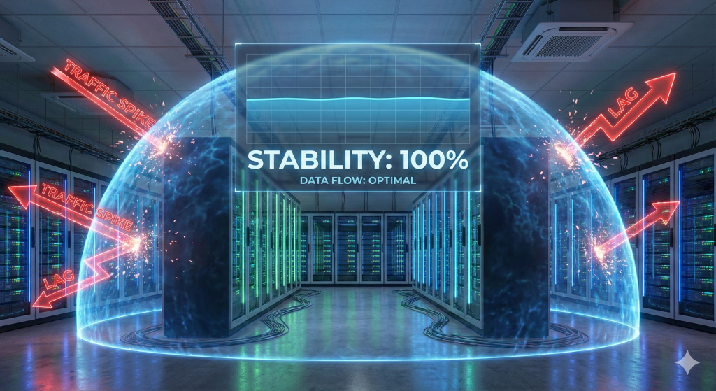 The Future of Streaming: Why 2026 is the Year of "Smart" IPTV 4 A futuristic data center server room with rows of glowing server racks. A bright, ethereal blue energy field acts as a protective shield around the servers, deflecting jagged red arrows labeled 'TRAFFIC SPIKE' and 'LAG'. Above the servers, a holographic display shows a smooth, flat line graph with the text 'STABILITY: 100%'. The overall feel is high-tech and secure.